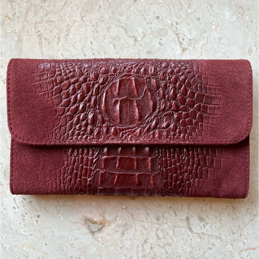 Leather Clutch, Suede & Embossed Croc, Maroon, Made in Italy (detachable strap)